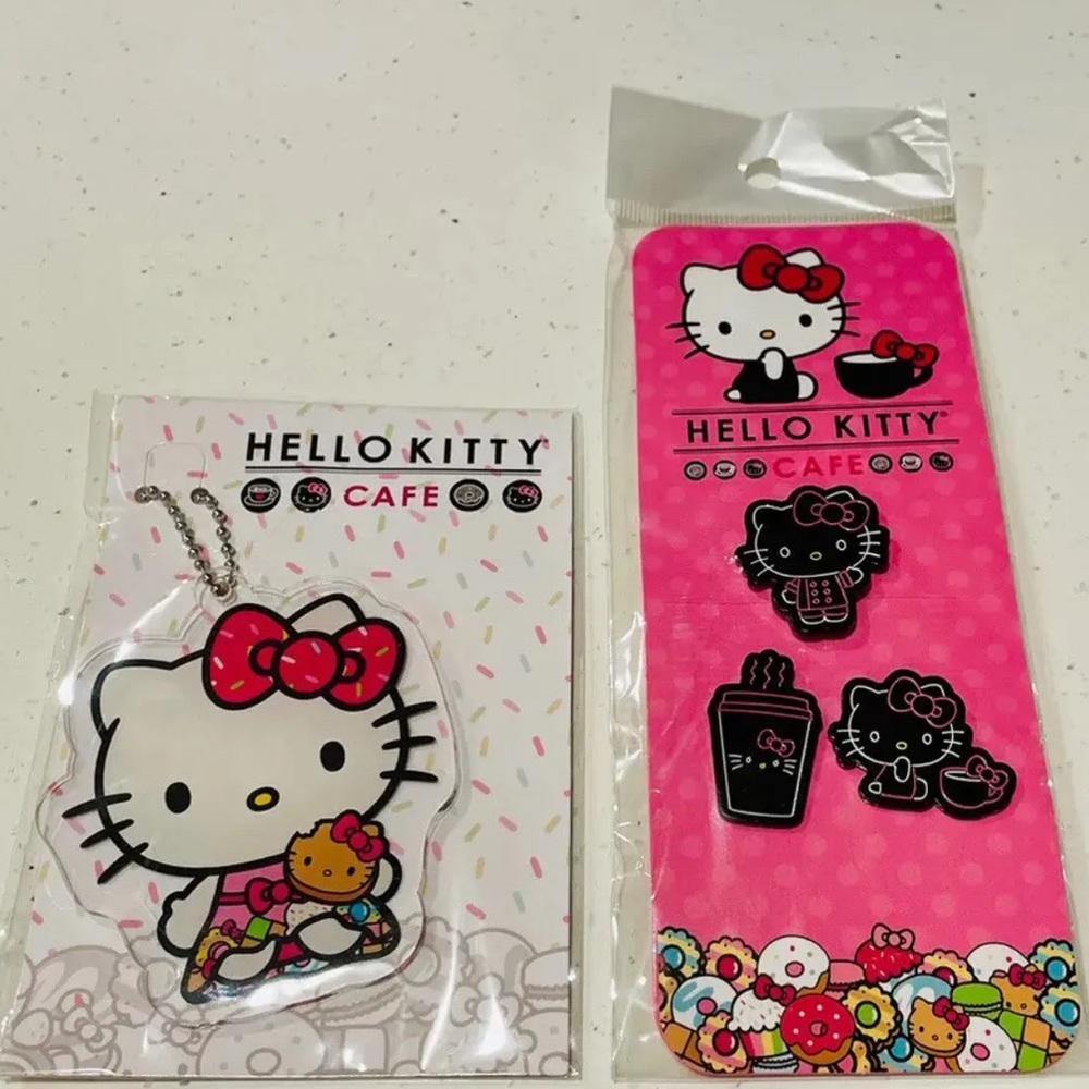 Hello Kitty Cafe Black Enamel Pin Set Keychain coffee latte candy